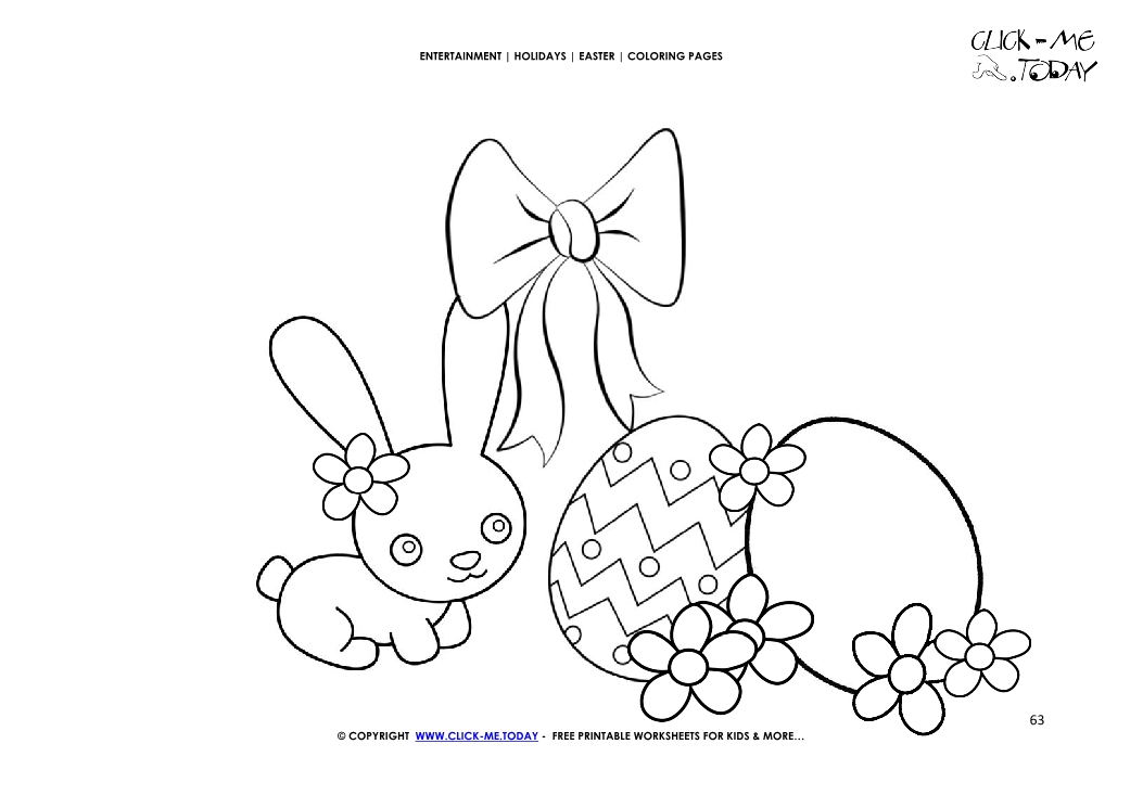 Easter Coloring Page: 63 Bow and Easter bunny with eggs & flowers